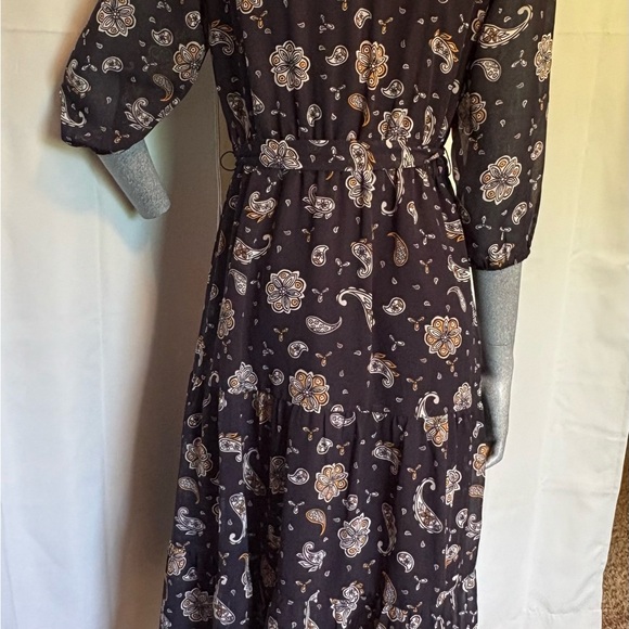 LOFT Paisley Midi Dress Flowy Bishop Sheer Sleeves V-neck Floral Fall Peasant SP - Picture 4 of 9